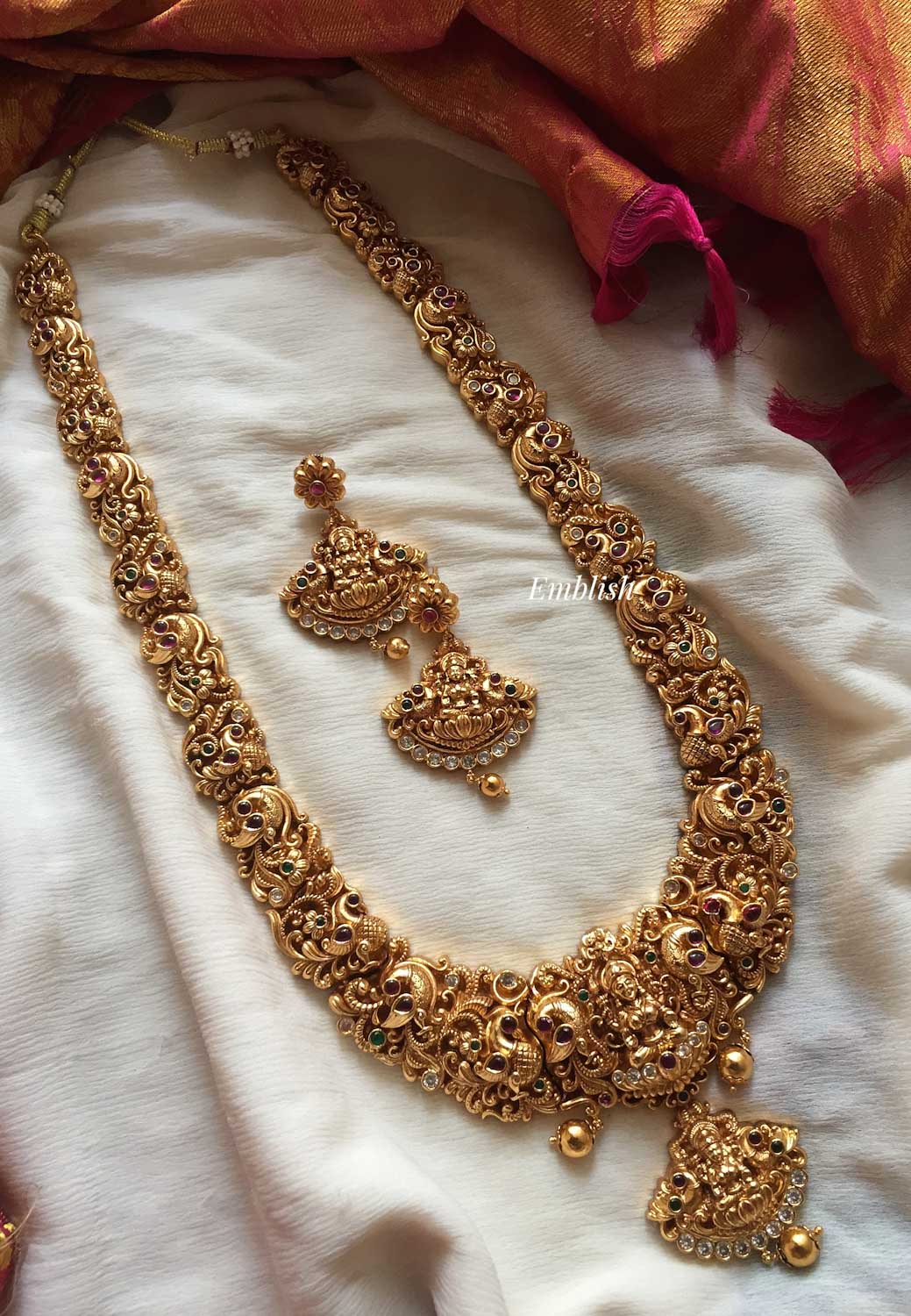 Gold alike Lakshmi Peacock drop long haram 